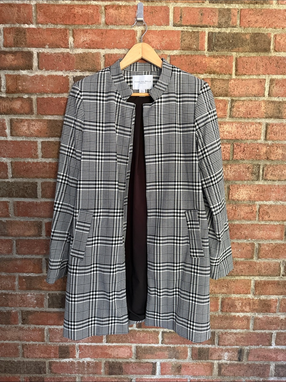 Carolina Belle Black and White Plaid Collarless Open Front Coat